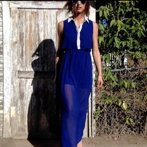 Blue and White Collared Floor Length Dress